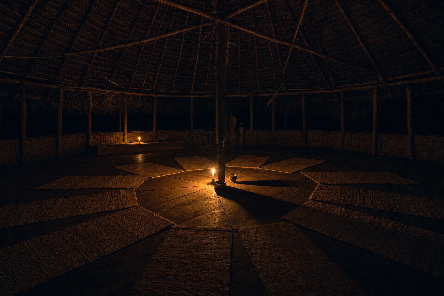 Candlelit ceremony space at night with empty mats arranged in a circle inside a jungle maloca