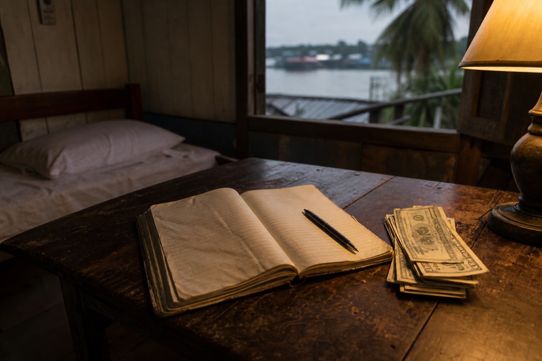 A worn notebook and cash on a rustic table in warm lamplight, trip planning scene in the Peruvian Amazon