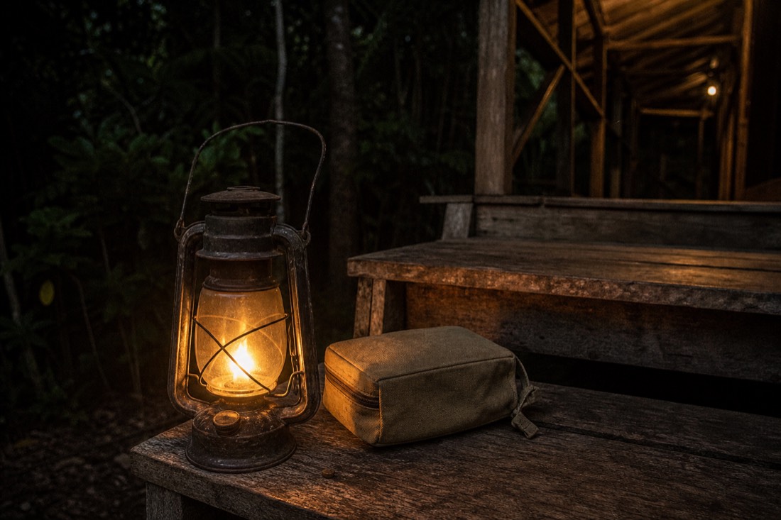 Kerosene lantern burning beside a packed first-aid kit on the steps of a wooden jungle building at night, Loreto region