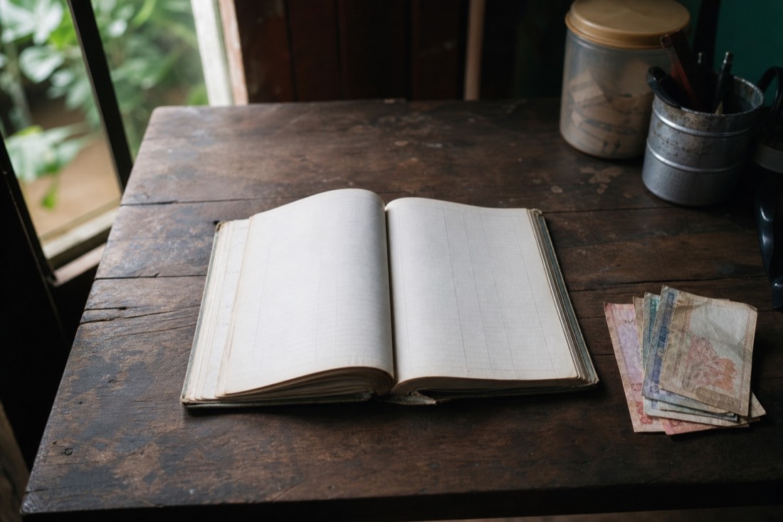 Handwritten-style ledger and Peruvian sol banknotes on a rustic wooden table in soft window light