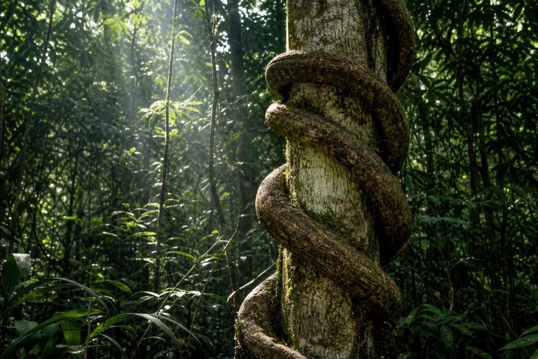 Sunlight through dense Amazon canopy onto a caapi vine wrapped around a tree trunk
