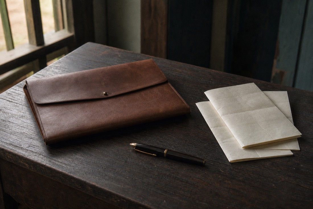 Flat leather document wallet, folded papers and a pen on a dark wooden desk