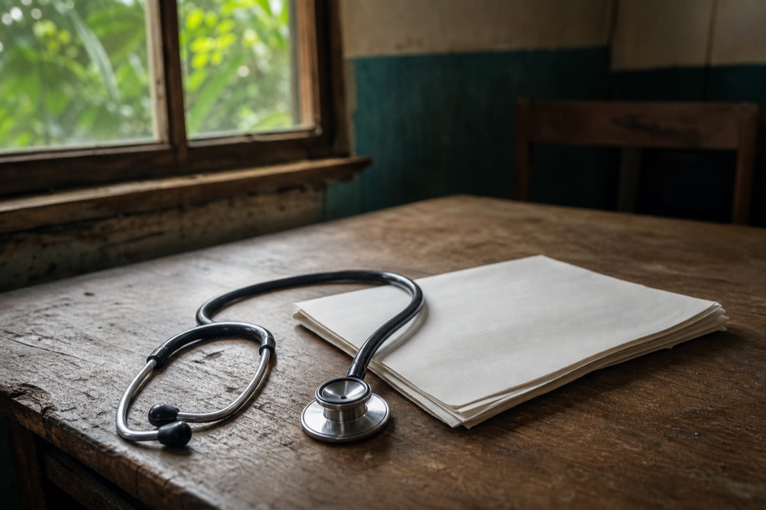 Stethoscope and folded medical paperwork on a rustic wooden desk in soft side light, no text visible