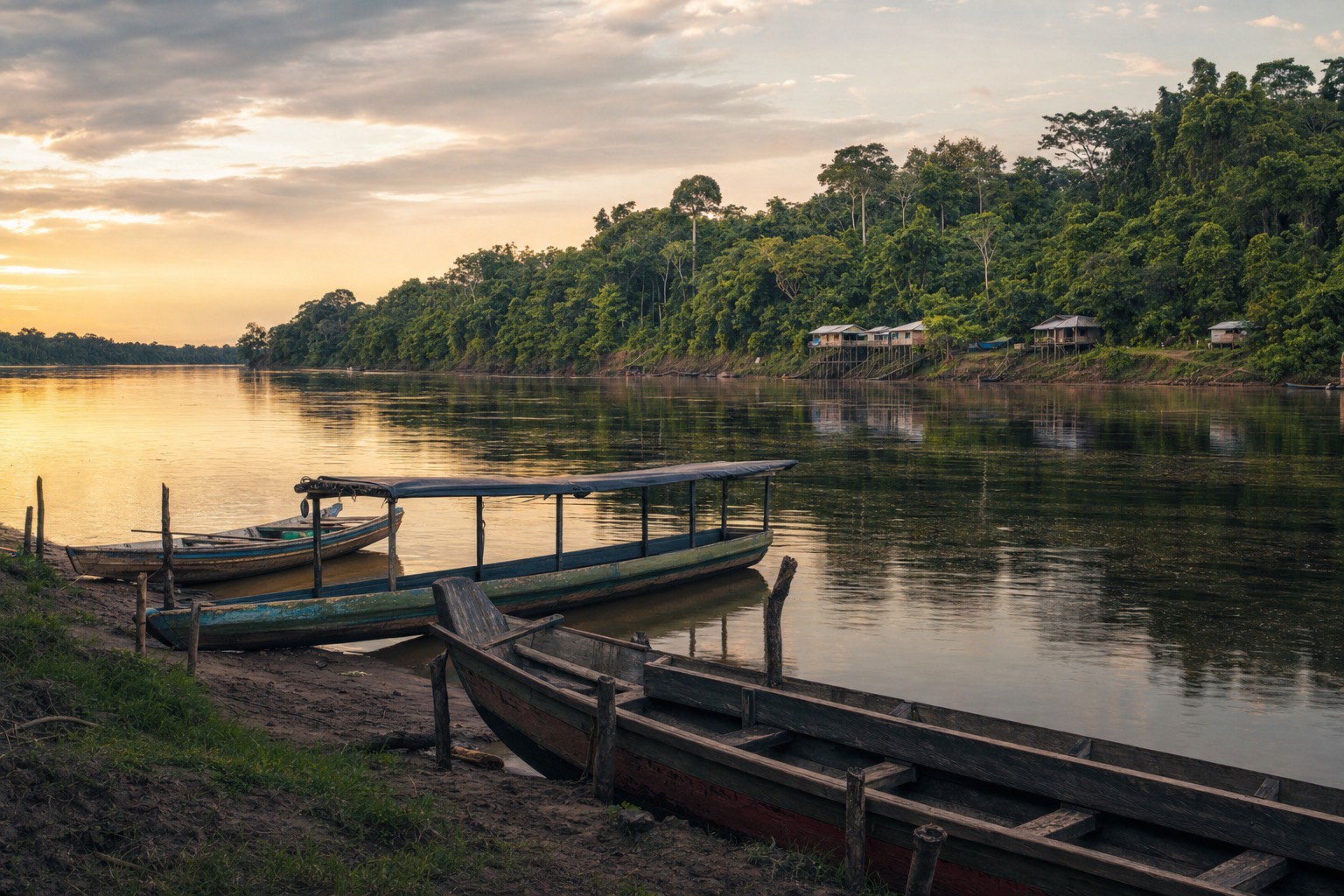 Amazon river near Iquitos at golden hour with wooden boats and rainforest shore, the region where most ayahuasca retreats in Peru operate