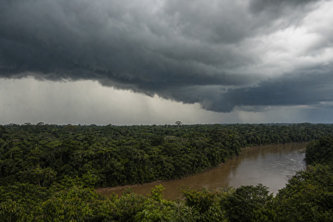 Rainstorm approaching over dense Amazon canopy and a bend of river near Tamshiyacu, Peru