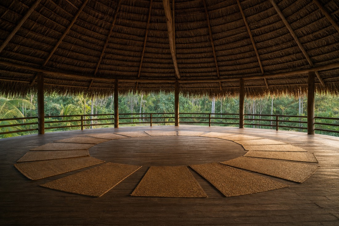 Interior of an empty round ceremonial maloca with woven palm roof and floor mats, Amazon rainforest, Peru