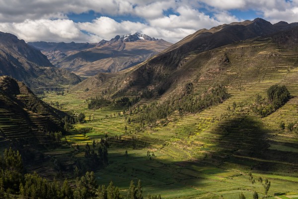 Terraced green slopes of the Sacred Valley near Cusco under afternoon clouds, home to highland ayahuasca retreat centers